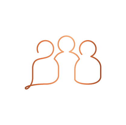 A copper coloured continuous line sketches the outline of three simplified figures standing together